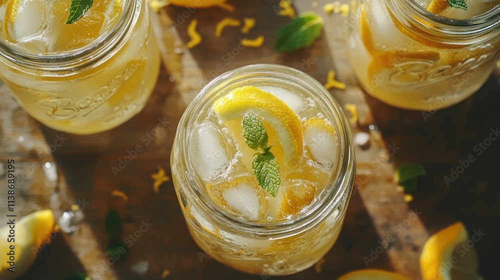 Poster refreshing lemon drinks with ice in mason jars on a wooden surface.