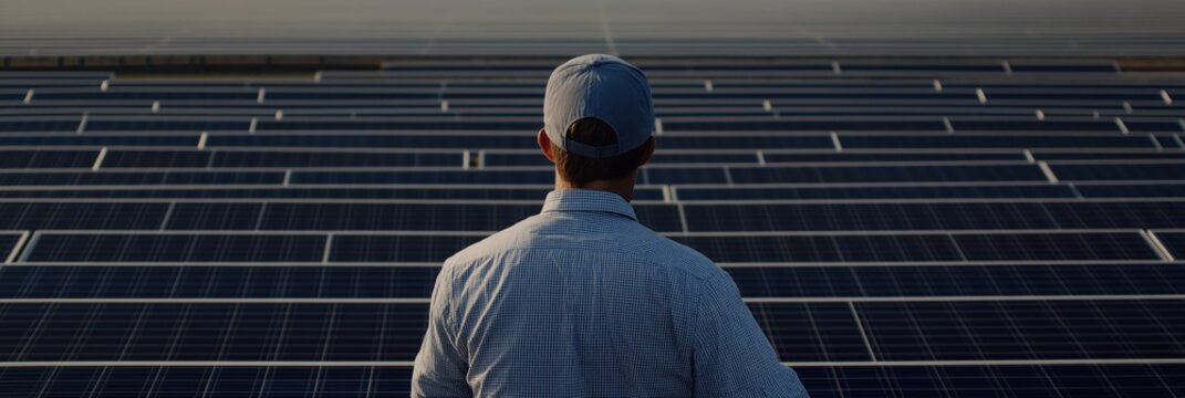A man in casual wear stands assessing a large expanse of solar panels under the bright sun.