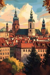 Obraz premium Historic Skyline of Krakow Poland with St Marys Basilica and Colorful Rooftops at Sunset