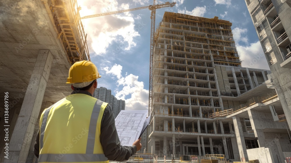 Aufkleber engineer reviews construction blueprints at building site.
