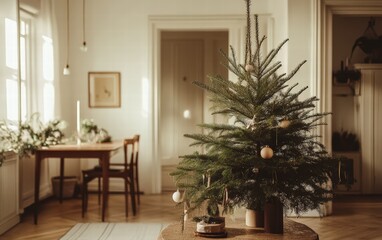 Scandinavian-inspired home with a tall green tree, minimal ornaments, and soft natural tones throughout the room, enhanced by gentle daylight