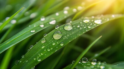 Naklejka premium Dew-Kissed Grass Blades Under Morning Sunlight.