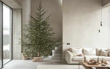 Fototapeta premium Scandinavian-inspired home with a tall green tree, minimal ornaments, and soft natural tones throughout the room, enhanced by gentle daylight