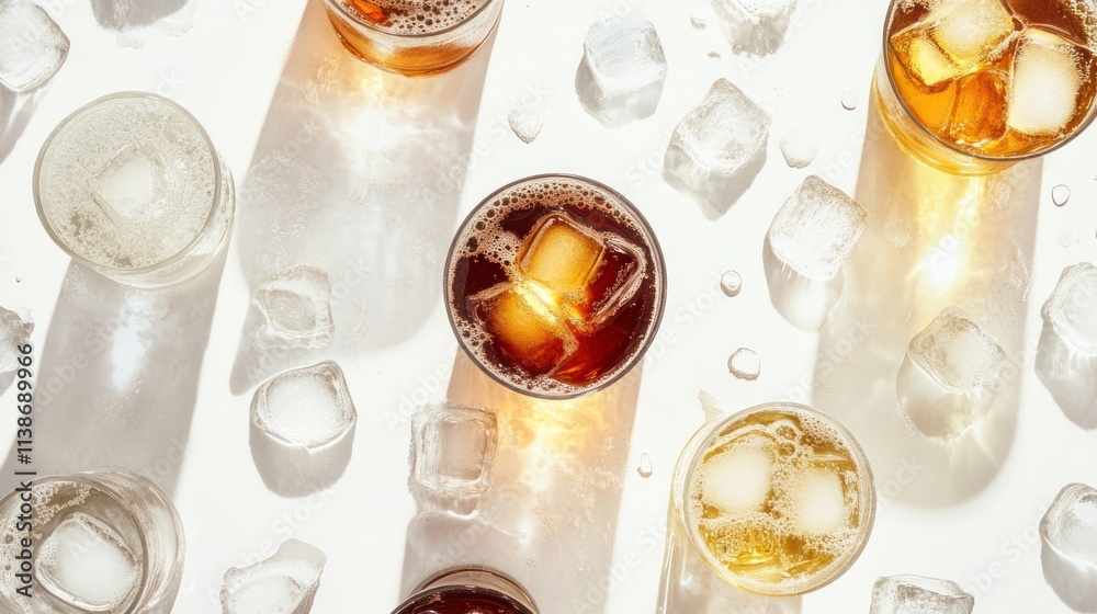 Poster high-angle shot of drinks and ice cubes on white.