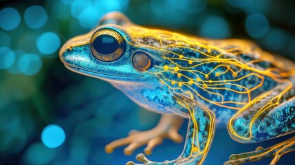 Glowing, blue frog with yellow circuitry.