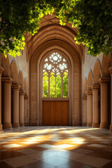 Obraz premium A large wooden door in a building with arches and pillars