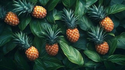 Obraz premium A collection of ripe pineapples surrounded by lush green leaves.