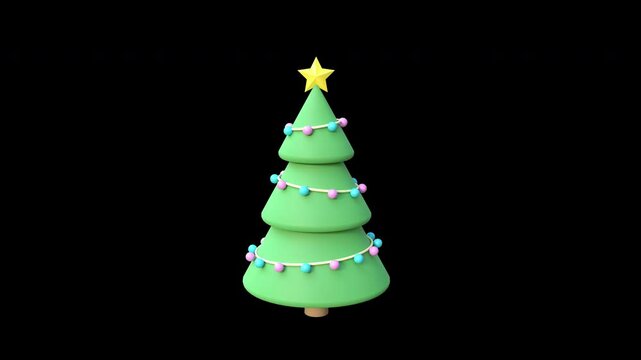 Christmas tree with decorations and garland looped rotation overlay on transparent background with alpha channel 3d animation 4k video loop. Christmas and New Year animated icon or logo.