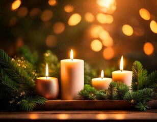 lit candles with festive greenery warm glow background