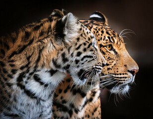 adult leopard and tiger portrait animal on dark background