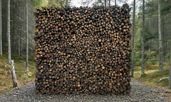 A large, neatly stacked wooden log structure stands in a forest clearing, blending with the natural surroundings.