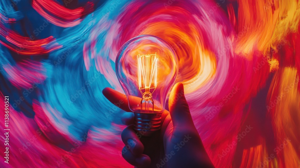 Poster hand holds glowing lightbulb with vibrant swirl backdrop.