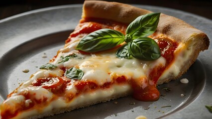 Delicious Pizza Slice with Melted Cheese and Basil