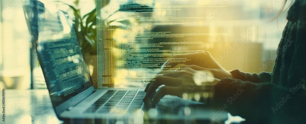 Poster Person coding on a laptop with screen overlay and blurred background.