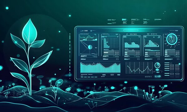 A digital interface displaying data analytics alongside a stylized plant illustration.