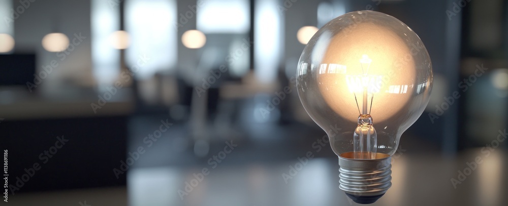 Poster Lit lightbulb in front of blurred office scene.