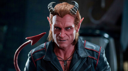 Man With Devil Horns, Red Tail, Black Leather