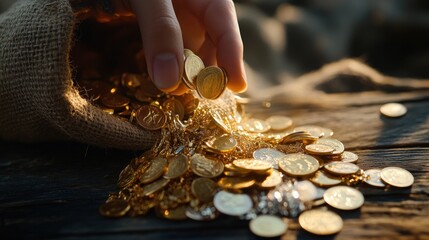Hand spills gold coins from burlap sack on wood.