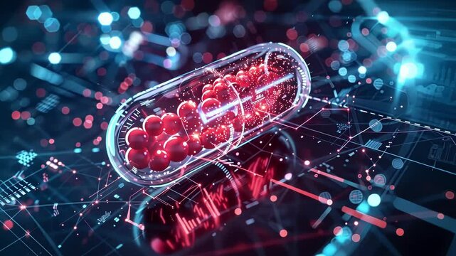 Transparent futuristic medicine capsule containing nanobots is hovering over a circuit board, suggesting advanced drug delivery and targeted therapy in future healthcare