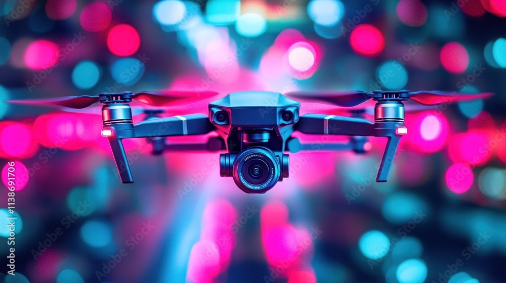 Poster drone in motion with bright, blurred, abstract lights in the background.