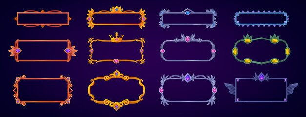 Game medieval buttons. Old metal rectangle frames for fantasy rpg gaming ui menu elements, user name avatars or title borders gold vintage bars asset set swanky vector illustration