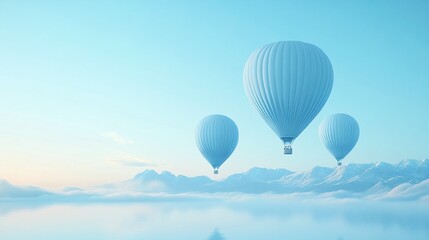Obraz premium Hot Air Balloons Floating Above Clouds Over Snowy Mountains and Calm Water.