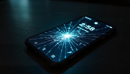 Cracked smartphone screen displaying time on a dark surface with dramatic lighting