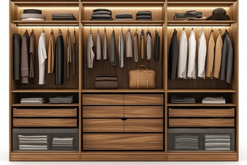 Obraz premium Modern walnut walk-in closet with organized men's clothing, shirts, jackets, pants, and accessories.
