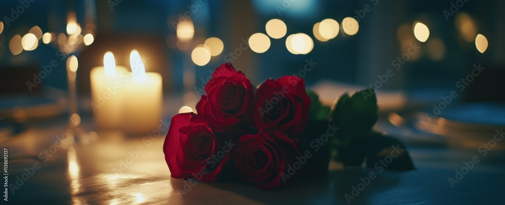 Aufkleber romantic dinner table setting with roses and candlelight.