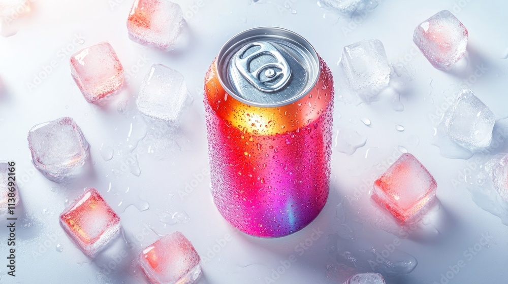 Poster cold soda can surrounded by ice cubes on a white surface.