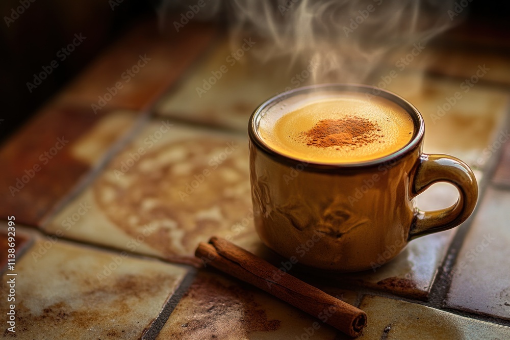 Poster Steaming latte with cinnamon on tiled surface.