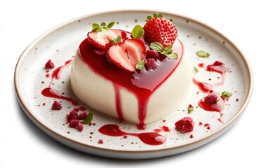 A creamy heart-shaped mousse dessert with glossy strawberry glaze, glowing on a white background