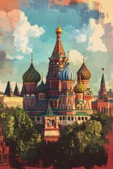 Obraz premium Iconic St Basils Cathedral in Moscow Russia with Vibrant Domes and Clear Blue Sky