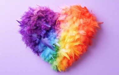 Fototapeta premium A fluffy rainbow heart made of vibrant feathers, resting softly on a pastel purple background