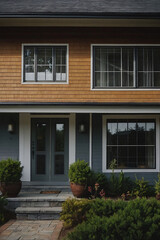 Obraz premium Modern two-story home featuring wooden siding, large windows, and a stone pathway leading to the front door.