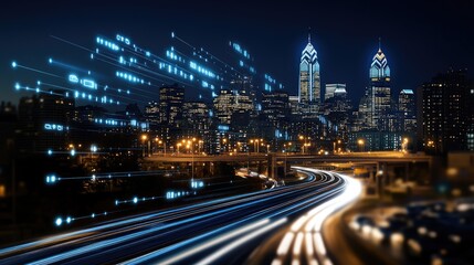 Fototapeta premium Aerial view of Philadelphia's skyline at night, with vibrant car light trails on winding highways and digital holograms enhancing the scene