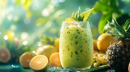 A pitcher of green lemonade surrounded by citrus fruits and pineapple.