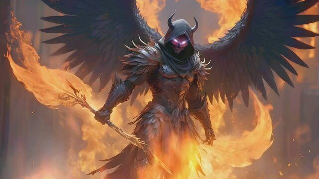 hooded hellish demons with wings and very hot flames