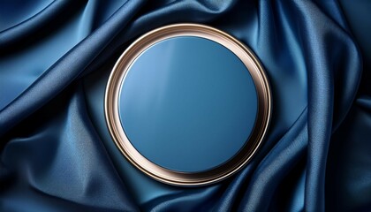 modern mockup of a blue podium platform on a fabric top view 3d product stand against a satin drapery background dark cosmetic stage display with cloth material banner design a realistic drape