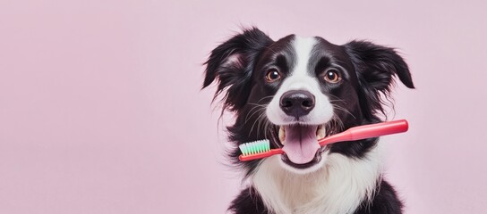 Happy border collie holds toothbrush in mouth.