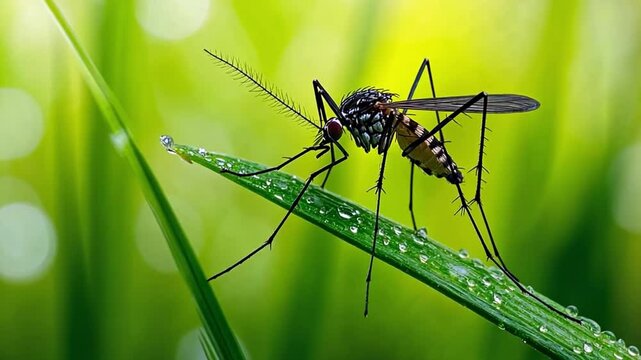 This image features a mosquito on a fresh green leaf. It highlights the beauty of nature and the intricate details of insects. Perfect for environmental themes. Generative AI