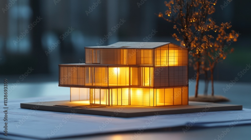 Leinwandbilder Lit miniature building model on blueprints, with a tree.