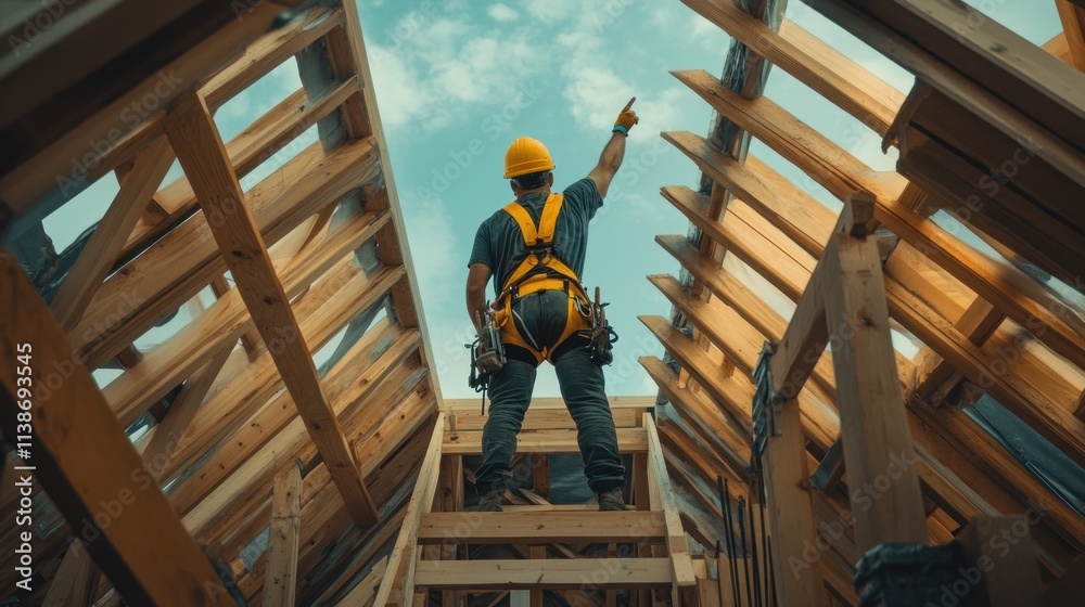 Poster roofer points up from roof framing structure.