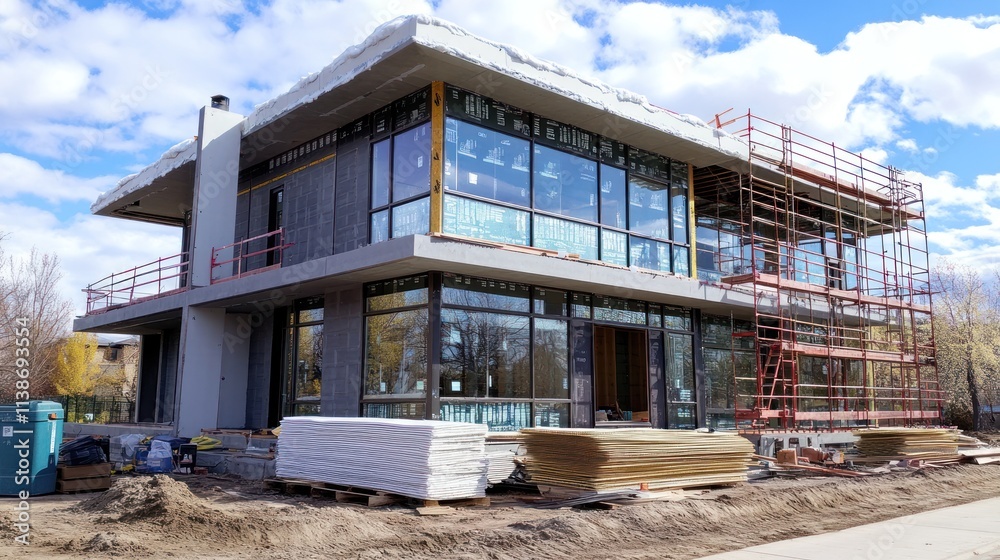 Poster House construction with large windows and scaffolding.