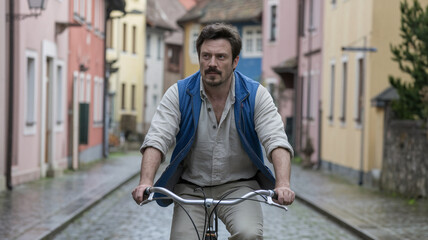 Obraz premium Man Riding Bicycle Through European Town