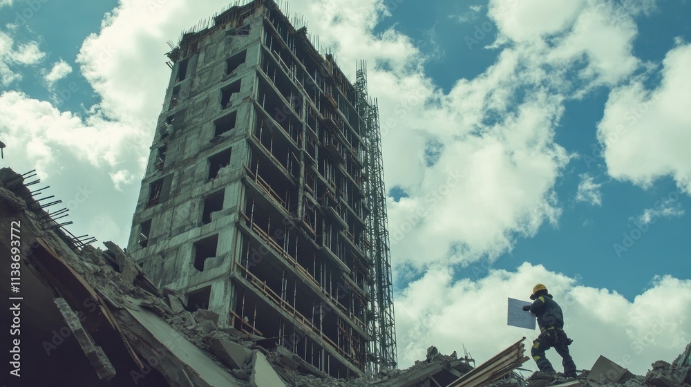Poster construction worker reviews blueprint at unfinished building site under cloudy sky.
