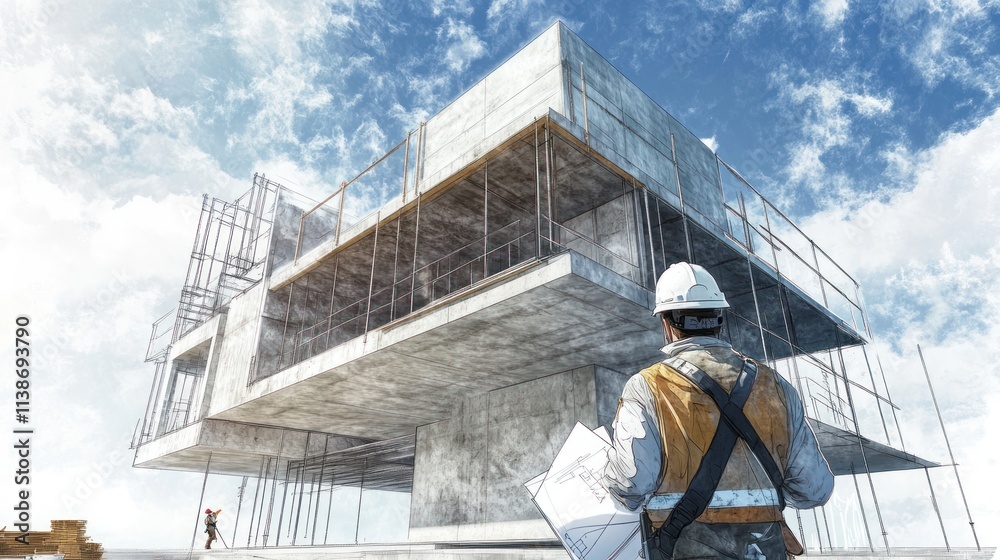 Poster construction worker looking at building with blueprint under cloudy sky.