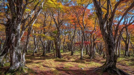 Obraz premium Autumnal forest scene with colorful foliage and fallen leaves.