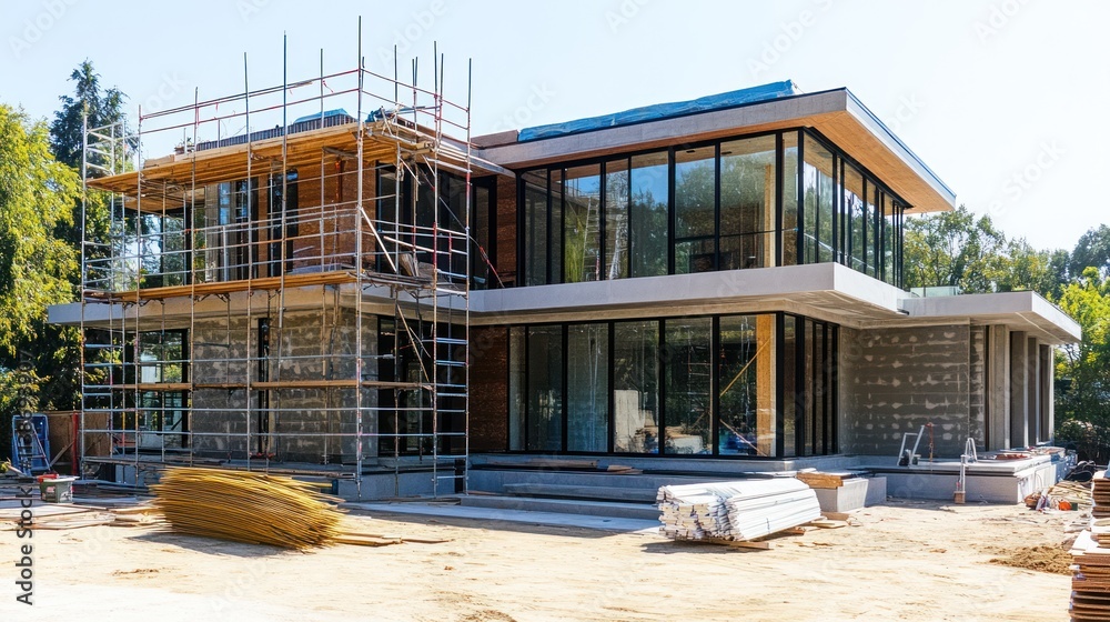 Poster modern house under construction with scaffolding and materials.