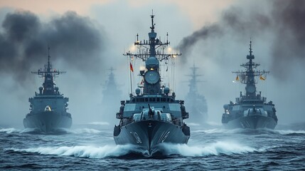A fleet of naval ships sailing through turbulent waters.